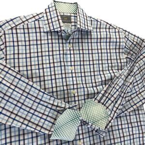 Thomas Dean Windowpane Plaid Flip Cuff Dress Shirt Men L Blue Green Button Up